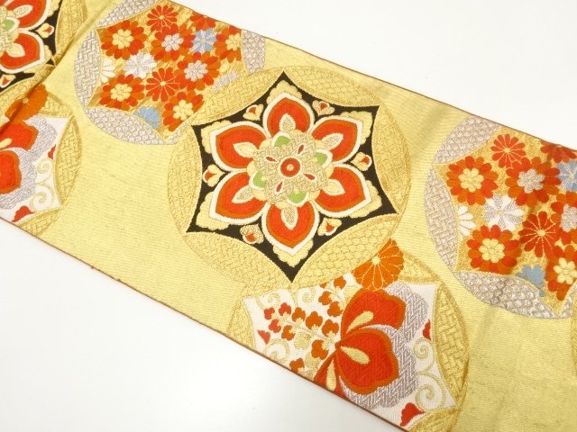 JAPANESE KIMONO / ANTIQUE FUKURO OBI / WOVEN FLOWER SHIPPO PATTERN